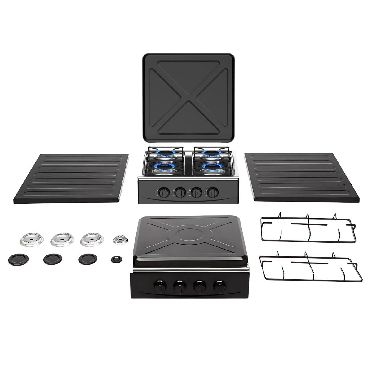 Cocina Encimera Gas 4 Platos con Mesa y Tapa de Acero