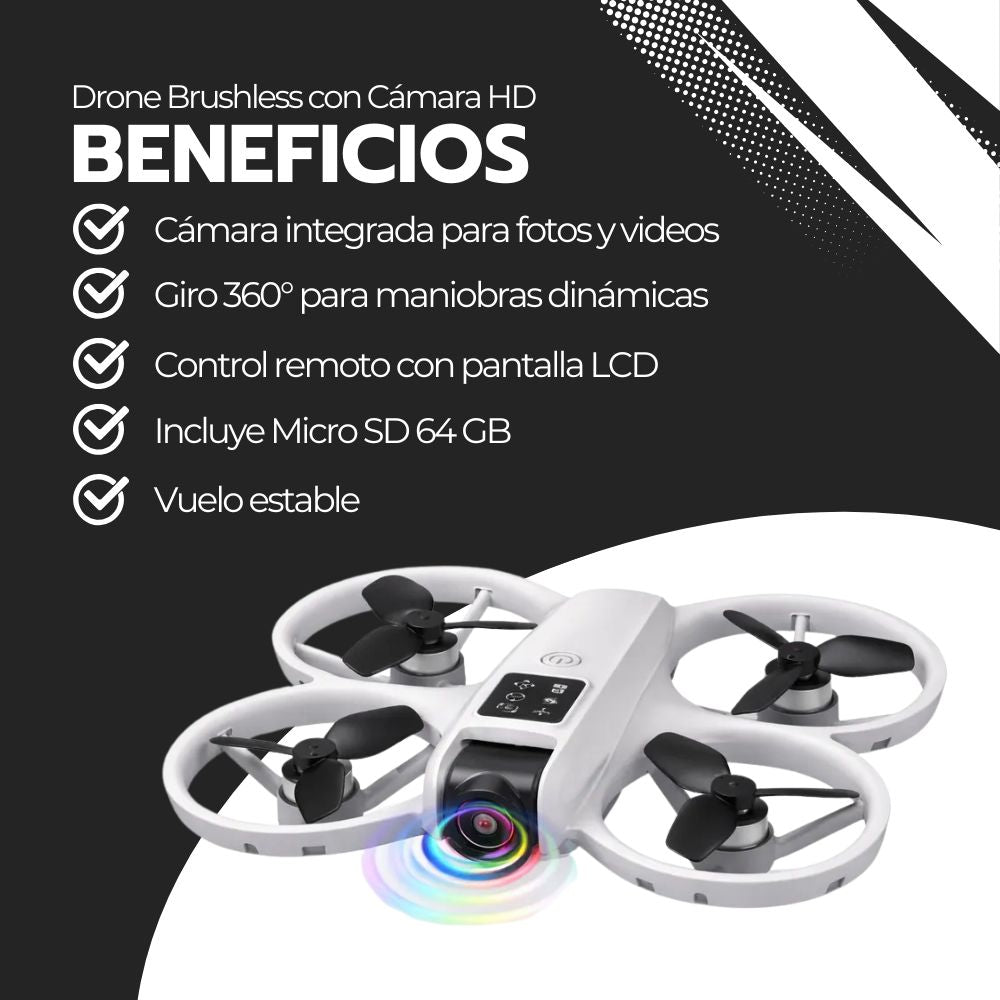 Drone Brushless con Cámara HD, Control LCD y Giro 360°