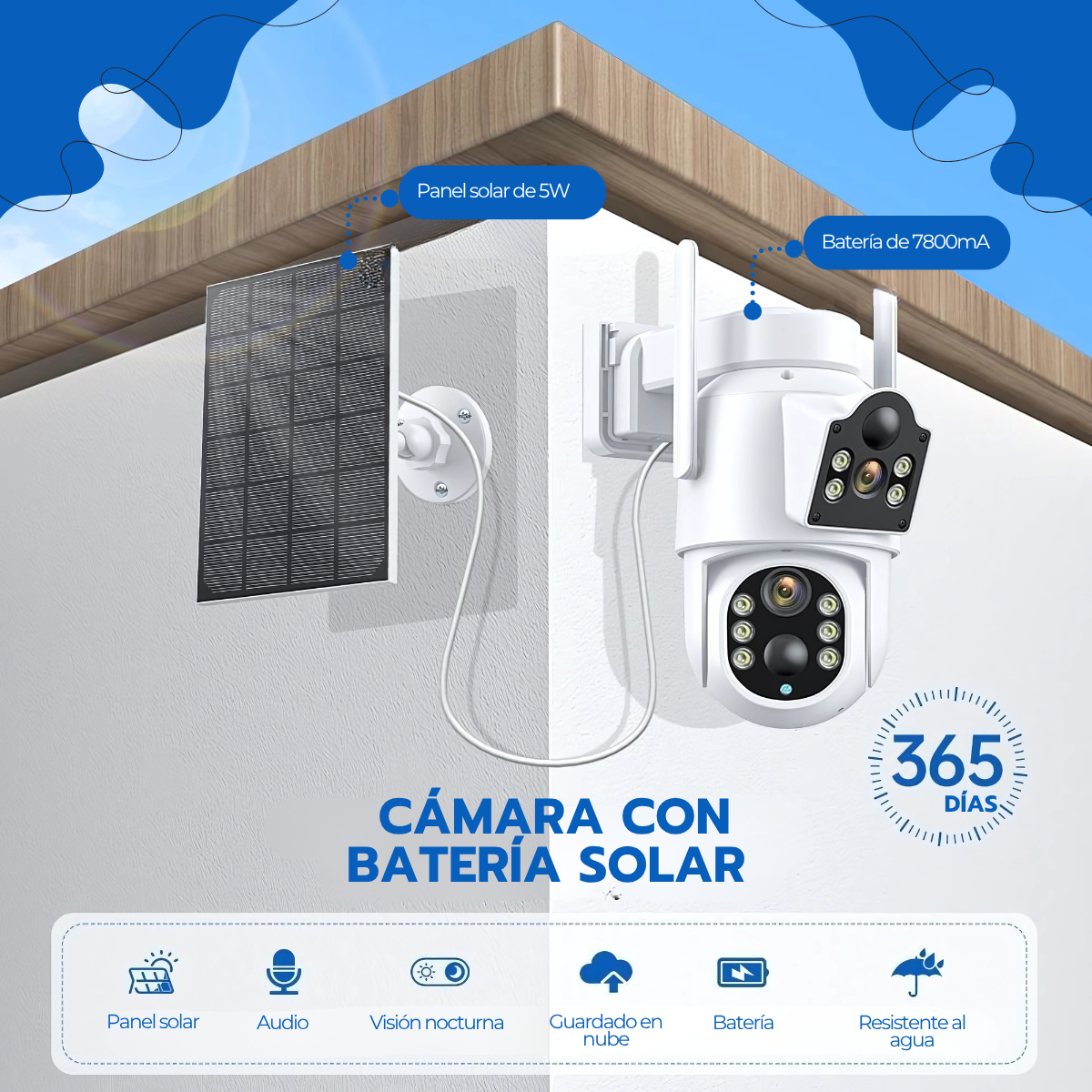Cámara Solar 360° IP66 Visión Nocturna HD 128GB Wifi