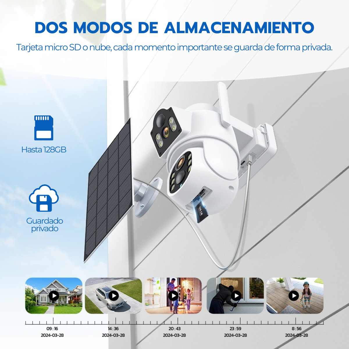 Cámara Solar 360° IP66 Visión Nocturna HD 128GB Wifi