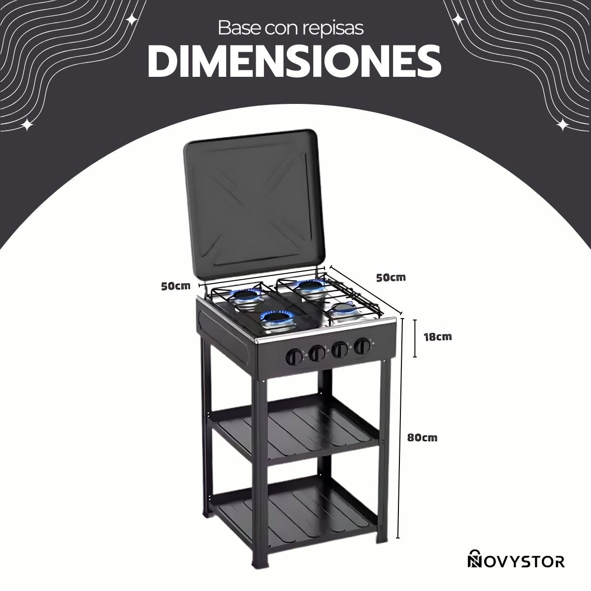 Cocina Encimera Gas 4 Platos con Mesa y Tapa de Acero