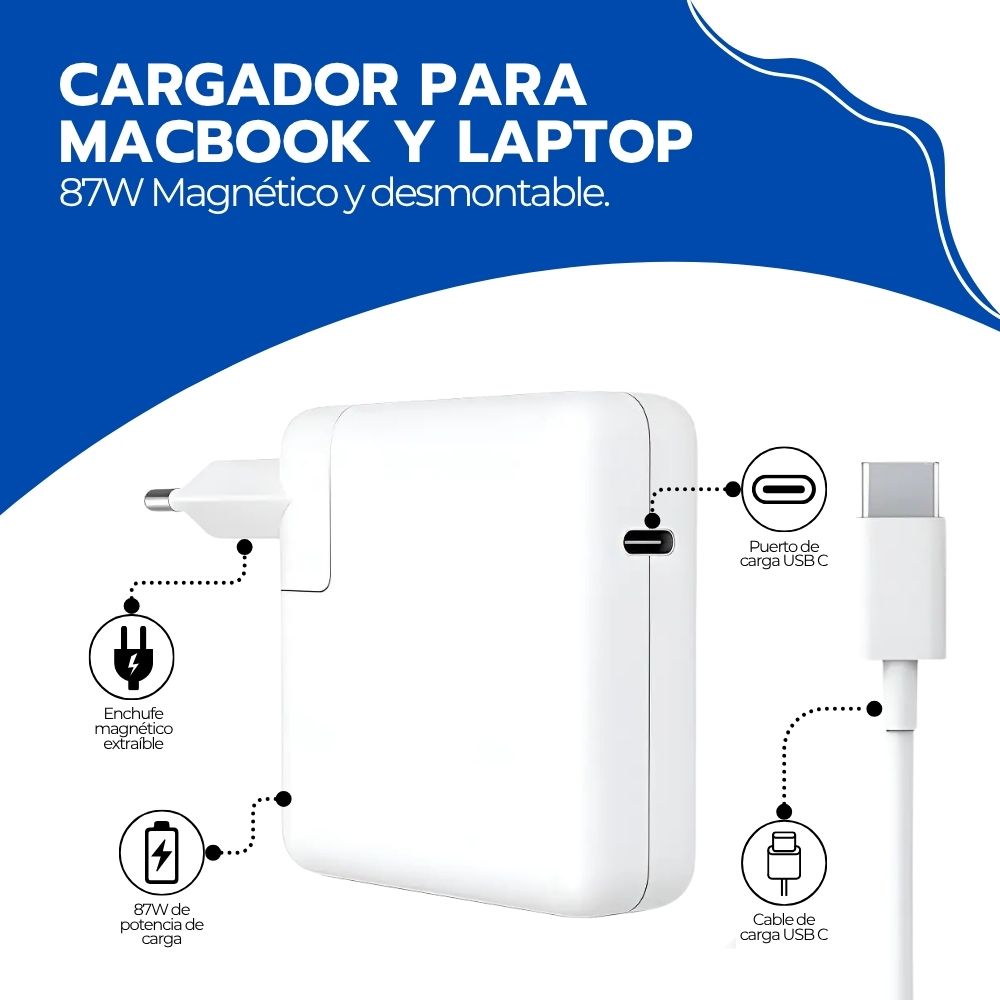 Cargador 87W Cable Tipo C Carga Rápida Para Laptop Y Macbook