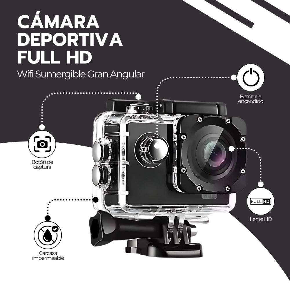 Cámara de Acción Deportiva Full HD Sumergible Gran Angular