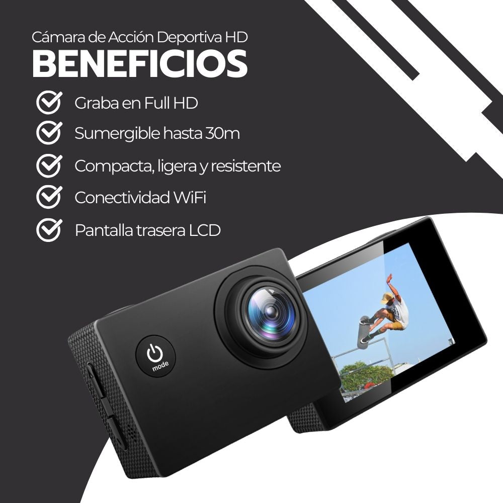 Cámara de Acción Deportiva Full HD Sumergible Gran Angular
