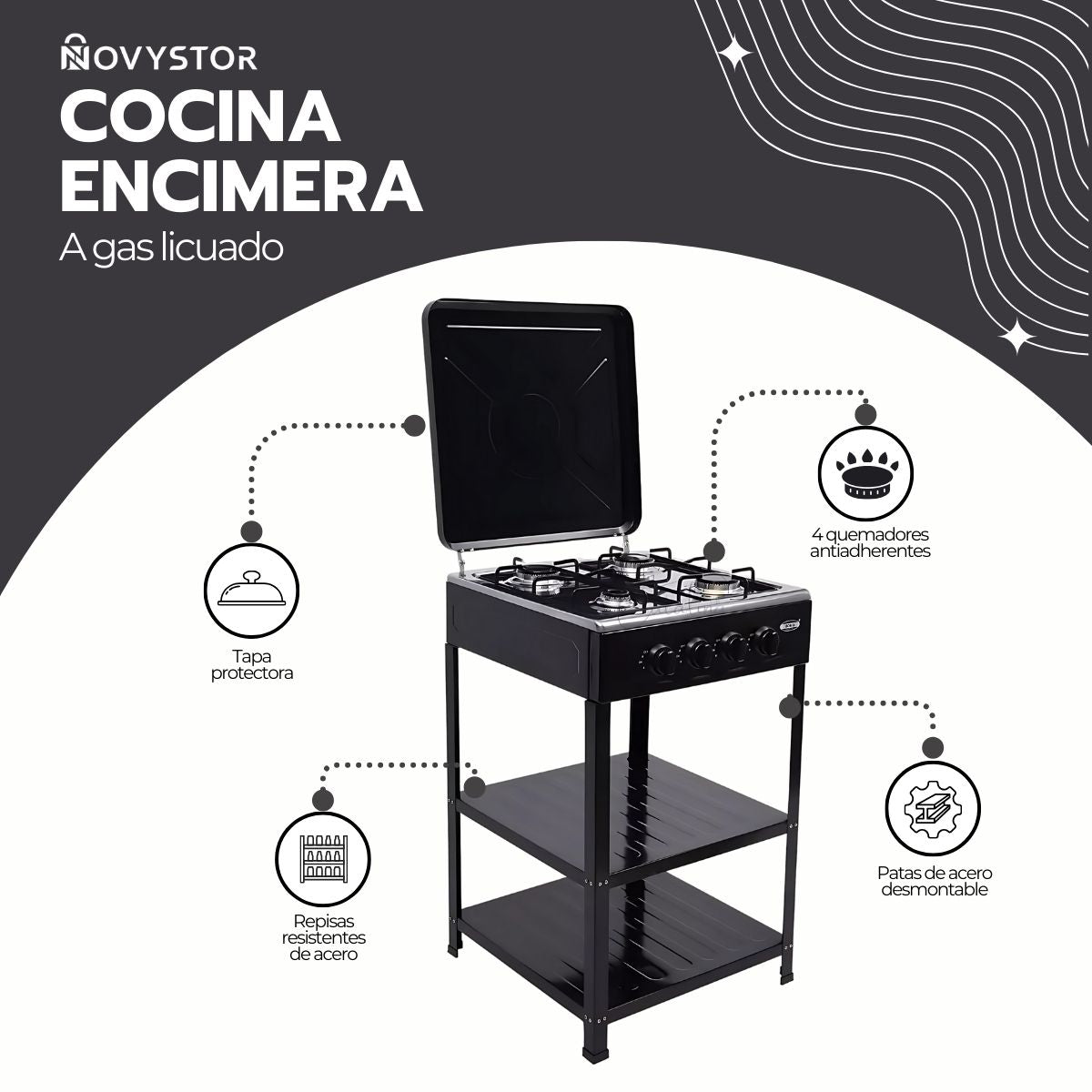 Cocina Encimera Gas 4 Platos con Mesa y Tapa de Acero