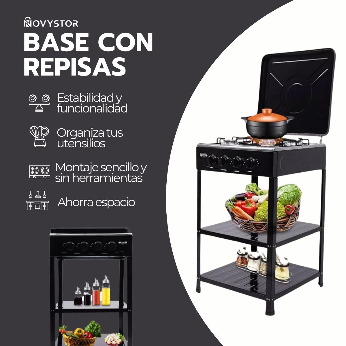Cocina Encimera Gas 4 Platos con Mesa y Tapa de Acero