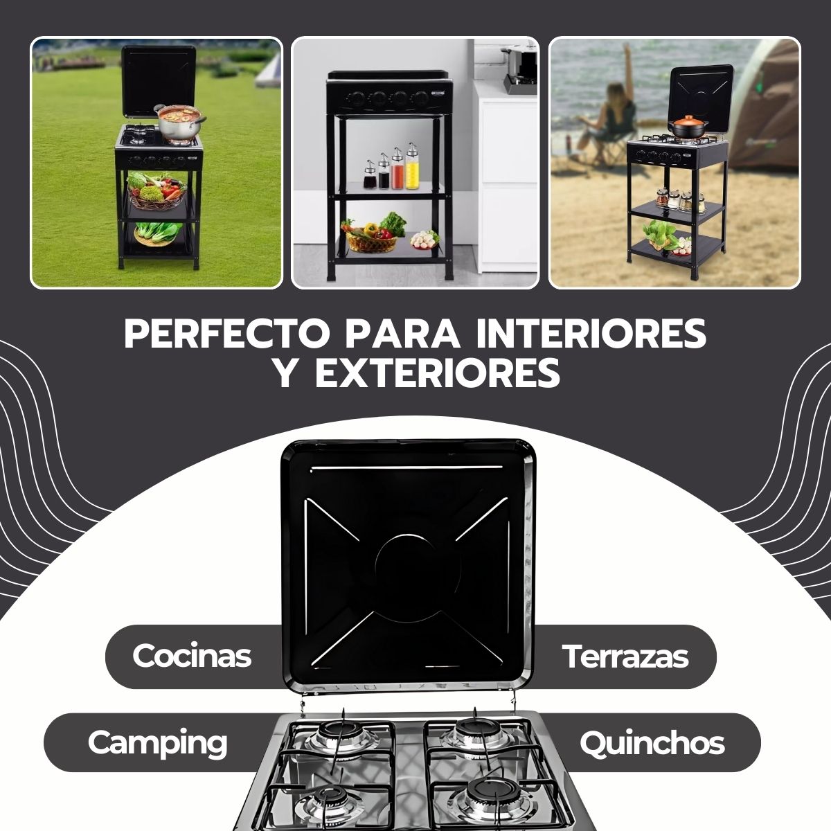 Cocina Encimera Gas 4 Platos con Mesa y Tapa de Acero