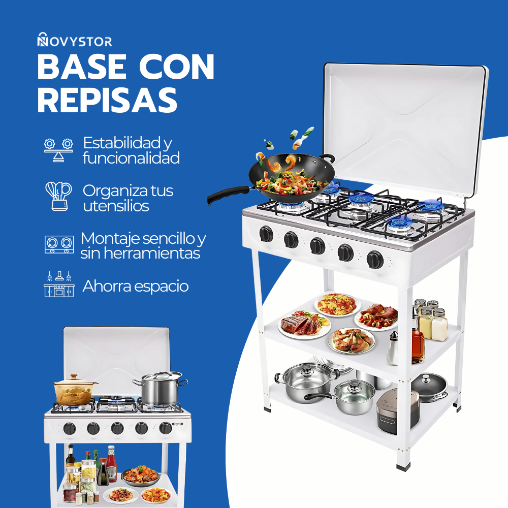 Cocina Encimera Gas 5 Platos con Mesa y Tapa de Acero