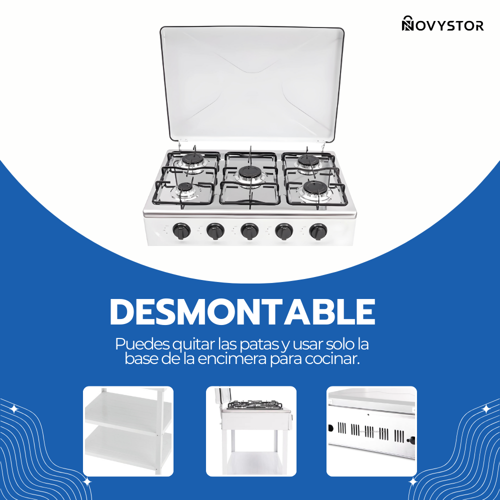 Cocina Encimera Gas 5 Platos con Mesa y Tapa de Acero