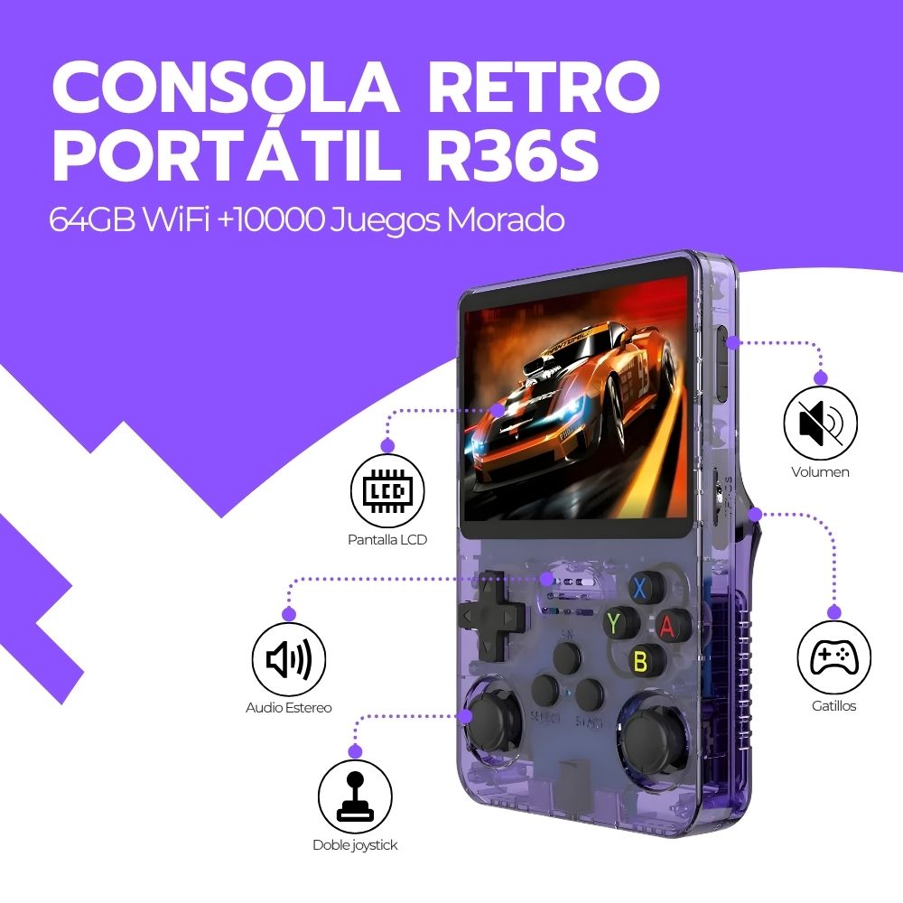 Consola Retro Portátil R36S 64GB WiFi +10000 Juegos Morado
