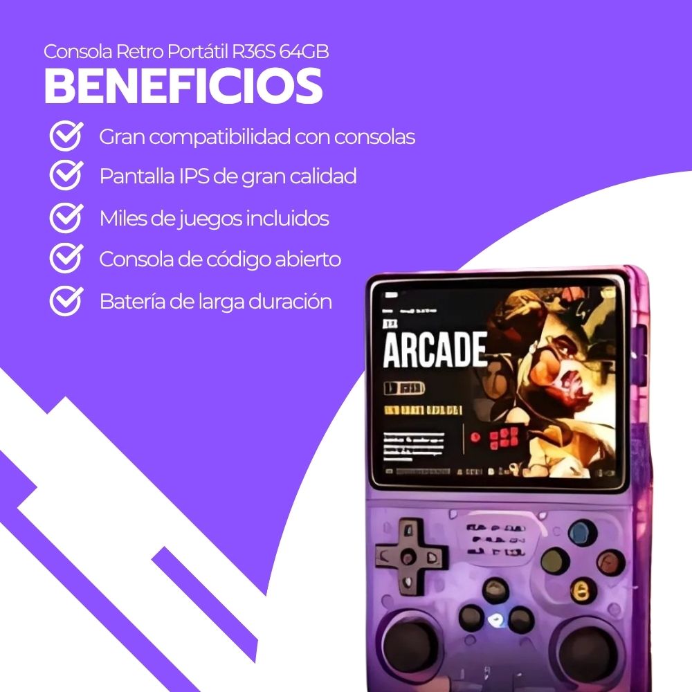 Consola Retro Portátil R36S 64GB WiFi +10000 Juegos Morado