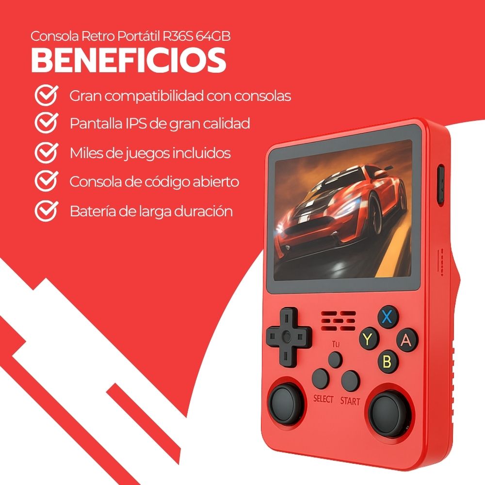 Consola Retro Portátil R36S 64GB WiFi +10000 Juegos Rojo