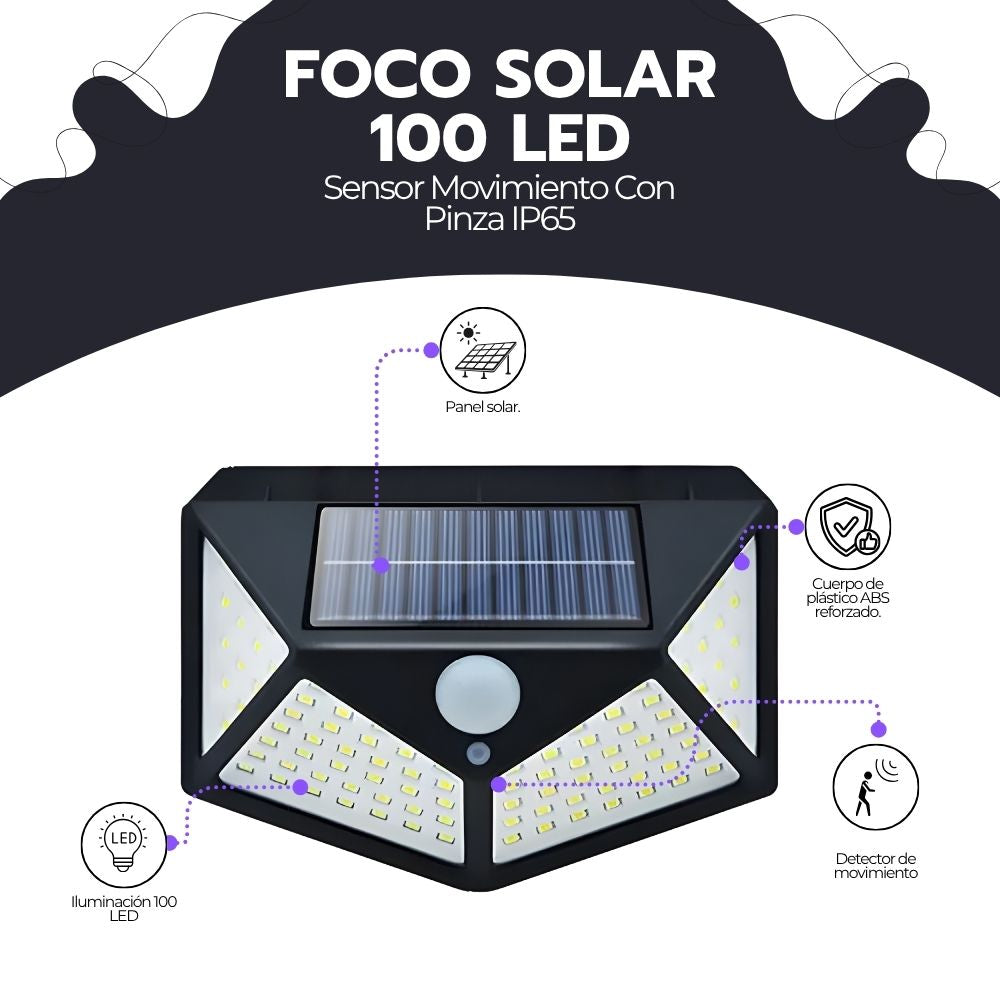 Foco Solar 100 LED Sensor Movimiento Con Pinza IP65