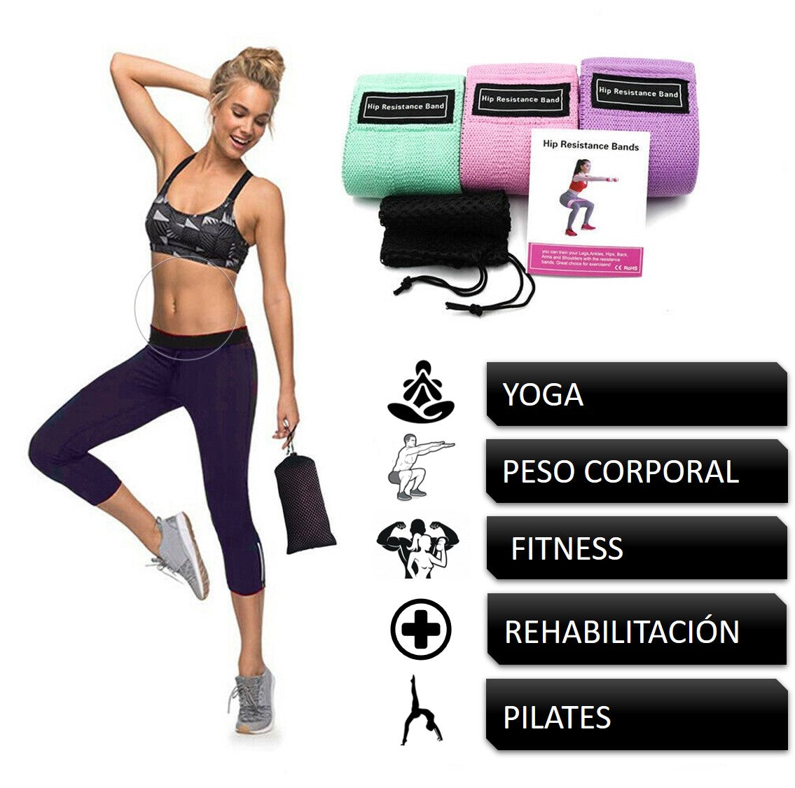 Pack 3 Bandas Elásticas De Tela Alta Resistencia Yoga