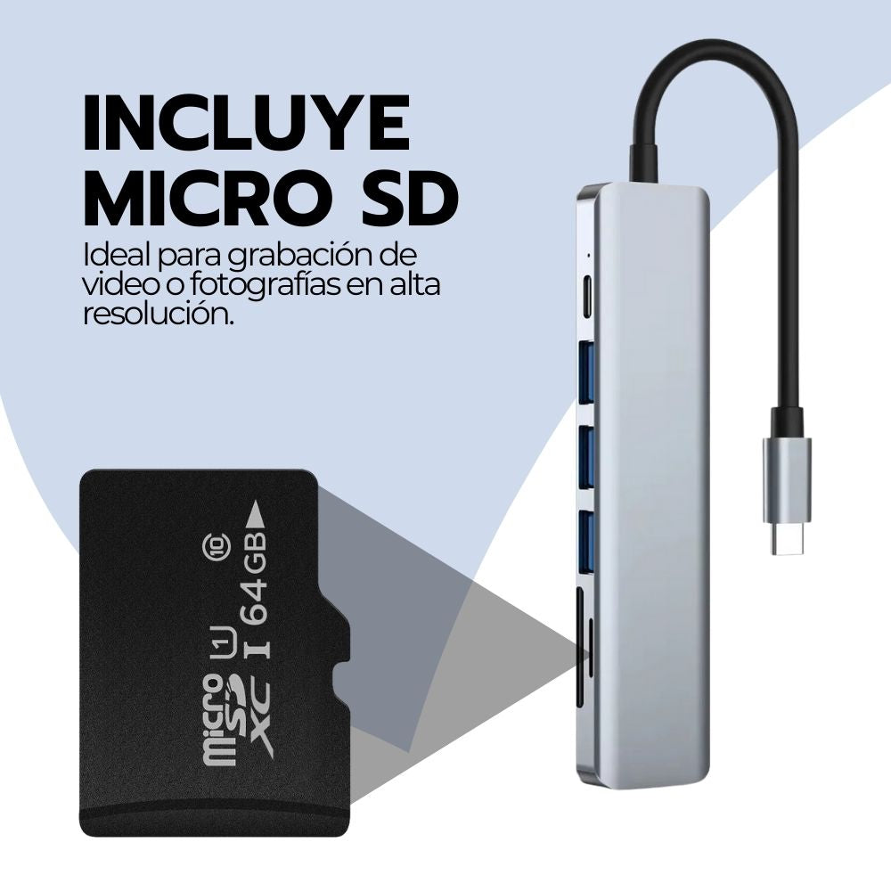 Adaptador 7 En 1 USB-C Con Hdmi Y Puertos + Micro SD 64GB