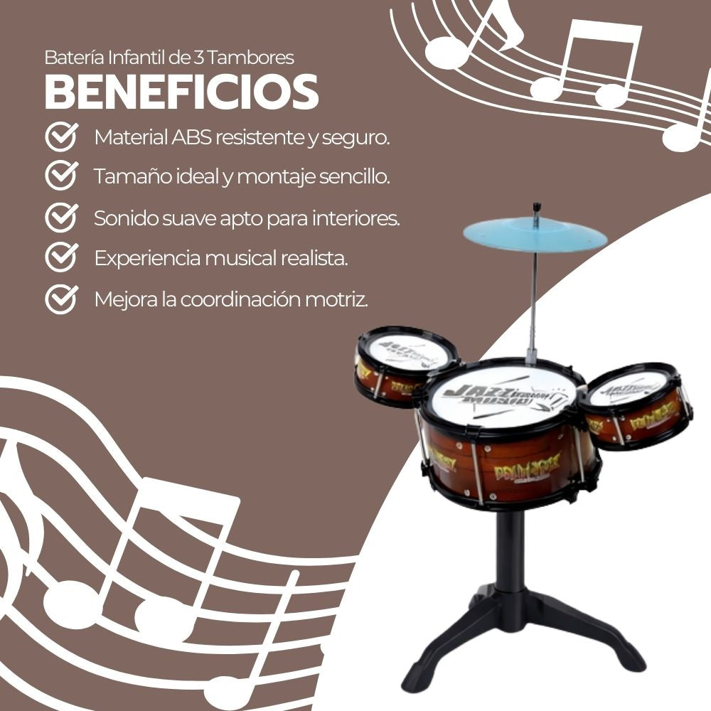 Batería Infantil de 3 Tambores con Platillo y Banquito