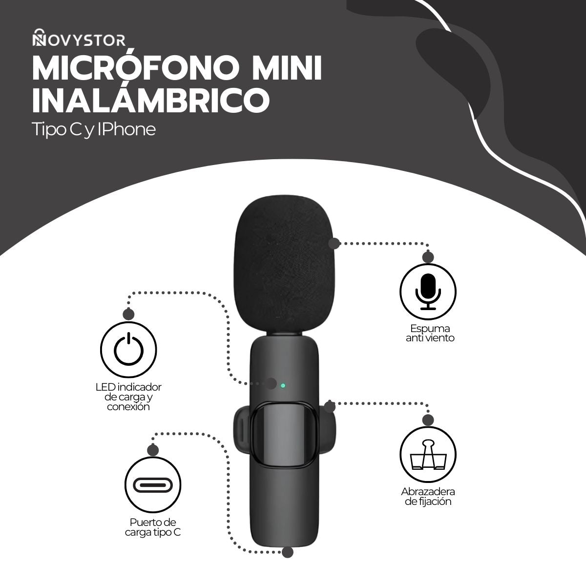 Micrófono Inalámbrico con Adaptador Celular Tipo C Y iPhone
