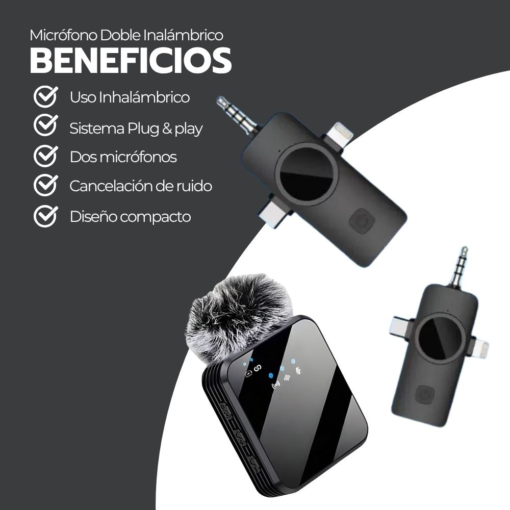Micrófono Doble Inalámbrico con Receptor 3 en 1 Universal
