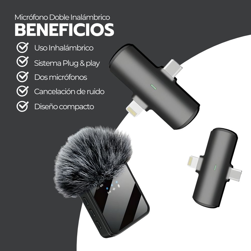 Micrófono Doble Inalámbrico con Receptor 2 en 1 Universal