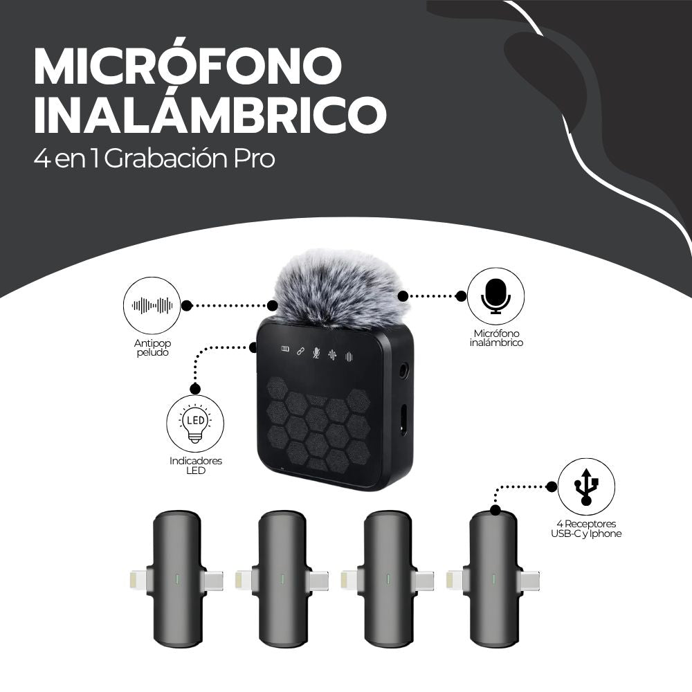 Micrófono Lavalier Inalámbrico 4 en 1 Grabación Pro