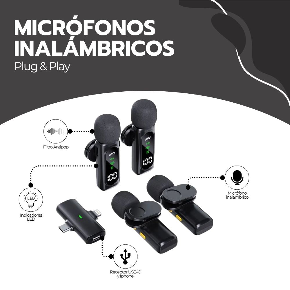 Micrófonos Inalámbricos 4 en 1 Lavalier Bluetooth Negro