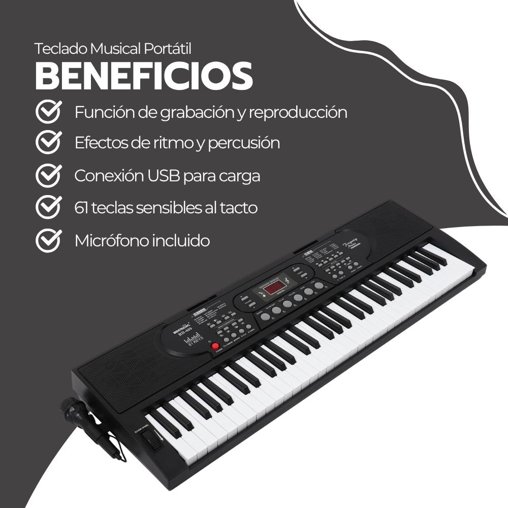 Teclado Musical Portátil 61 Teclas con Micrófono Incluido