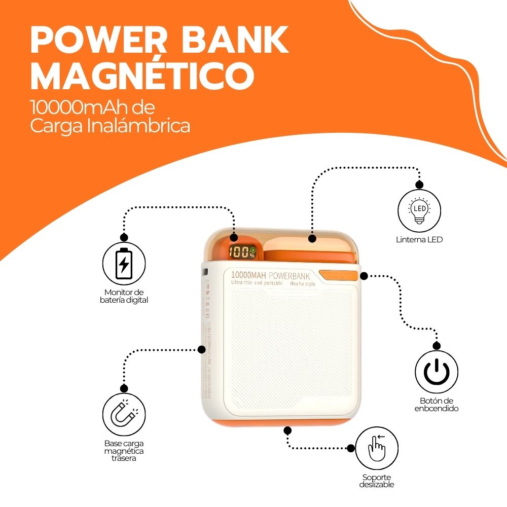 Power Bank Magnético 10000mAh de Carga Inalámbrica y Luz LED