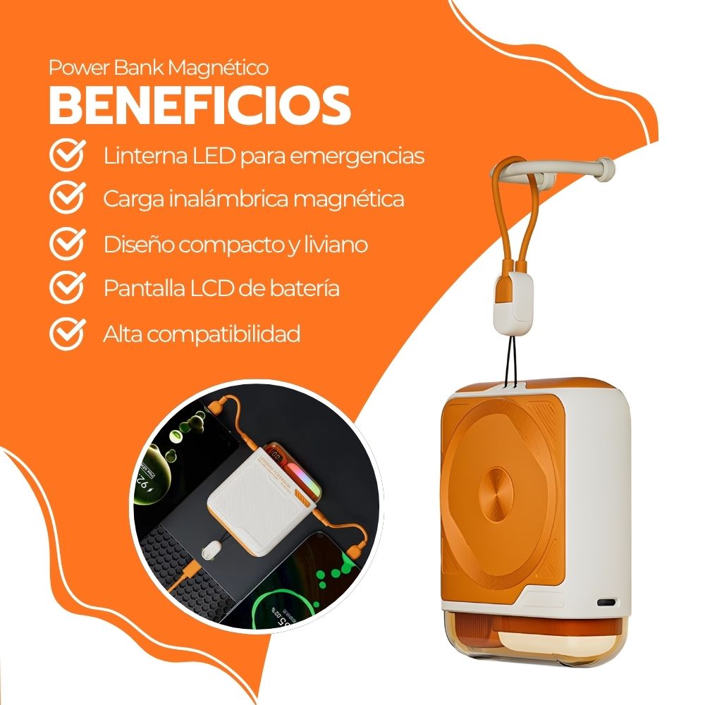 Power Bank Magnético 10000mAh de Carga Inalámbrica y Luz LED