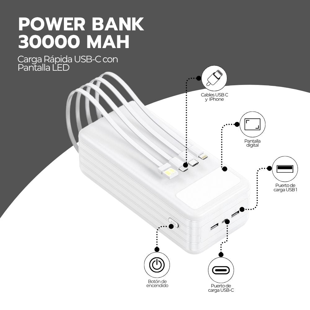 Power Bank 30000mAh Carga Rápida Portátil USB-C