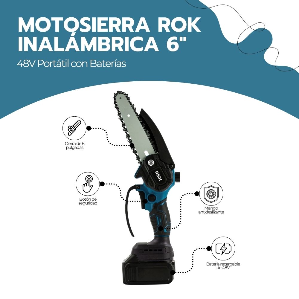 Motosierra ROK Inalámbrica 6″ 48V Portátil con Baterías