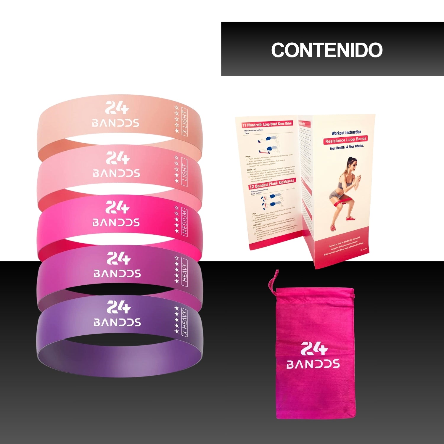Kit 5 Bandas elasticas de resistencia rosa fitness + Bolso