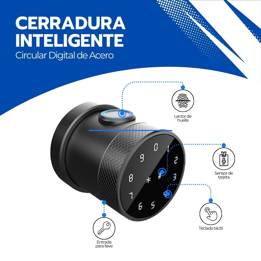 Cerradura Digital Inteligente Circular Acero, huella y Clave