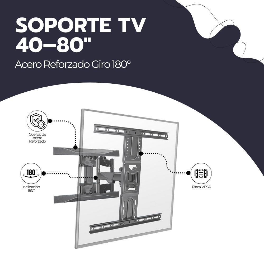 Soporte TV Full Motion 40–80" Acero Reforzado Giro 180°