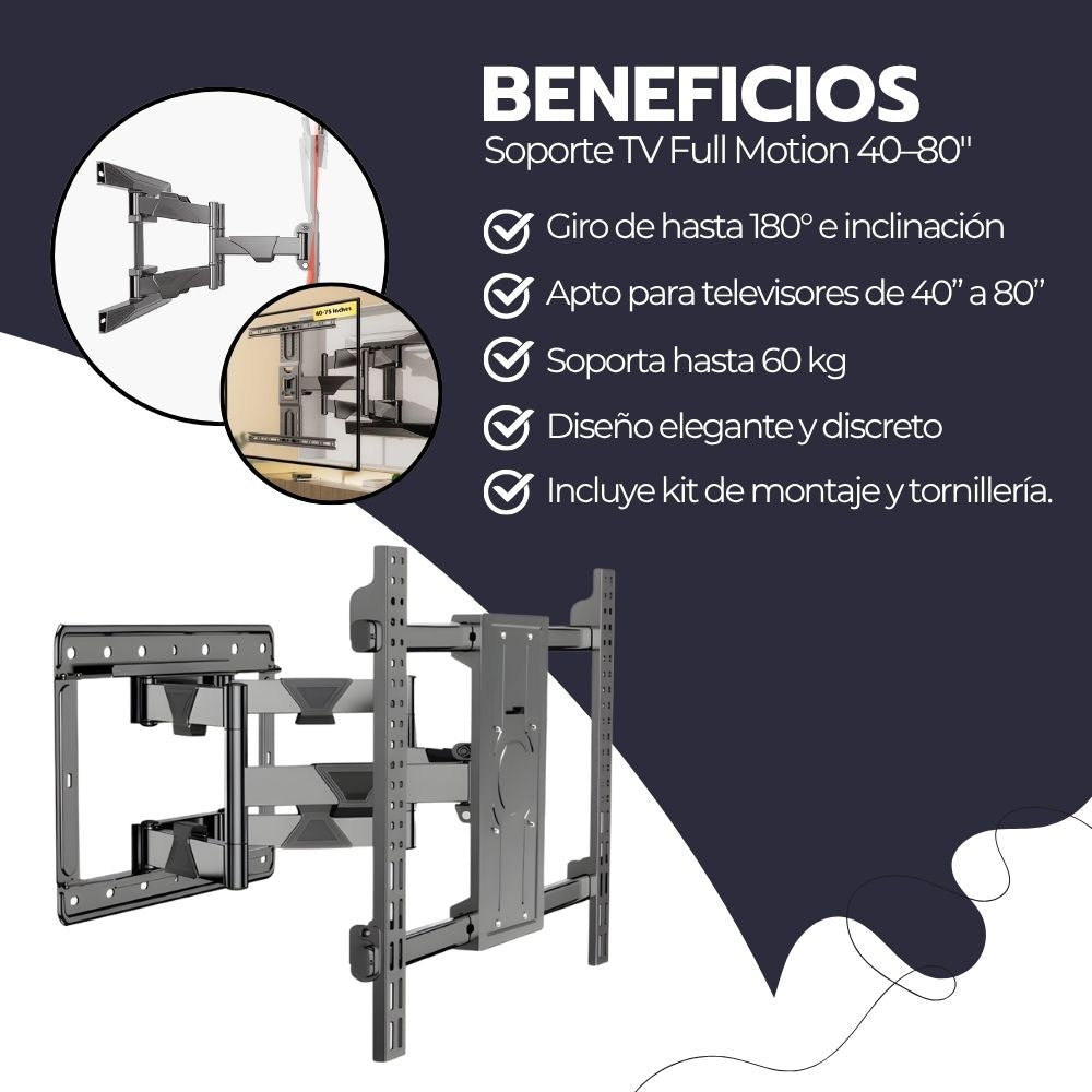 Soporte TV Full Motion 40–80" Acero Reforzado Giro 180°