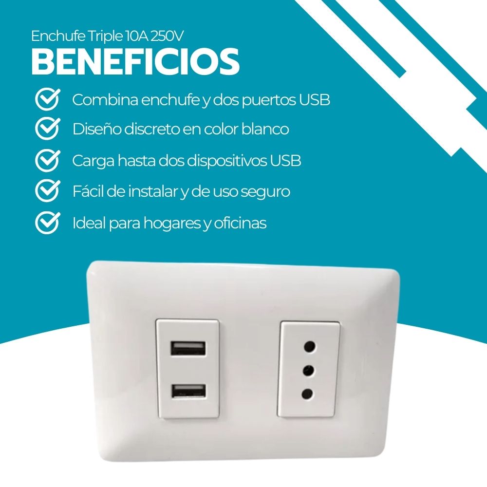 Enchufe Toma Corriente + 2 Puertos USB Blanco Carga Rápida