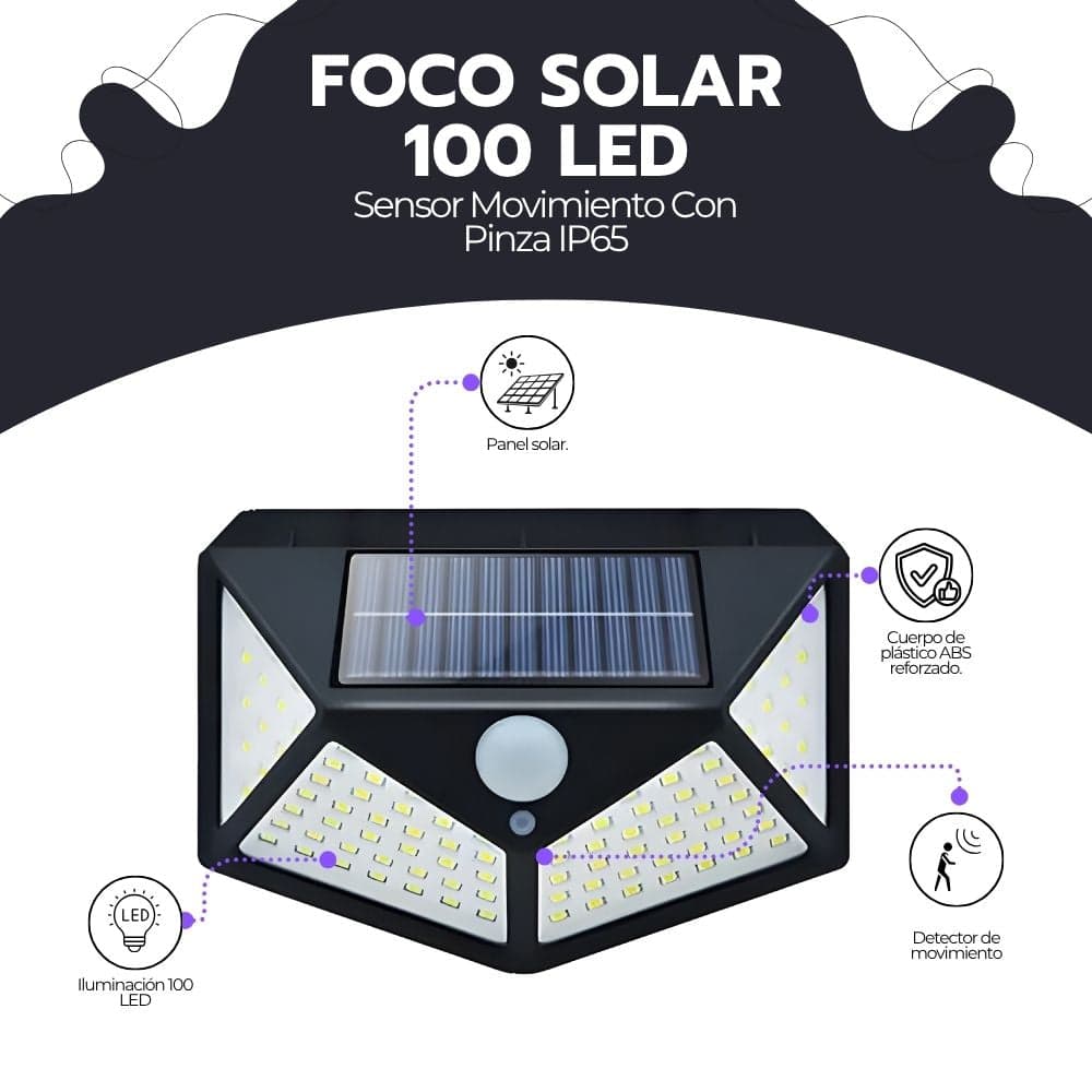 Foco Solar 100 Led Sensor Movimiento Con Pinza Ip65 Negro — imagen 3