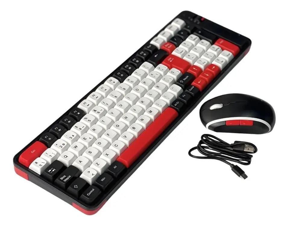Kit Teclado Y Mouse Inalámbrico Bluetooth Recargable Rojo Negro