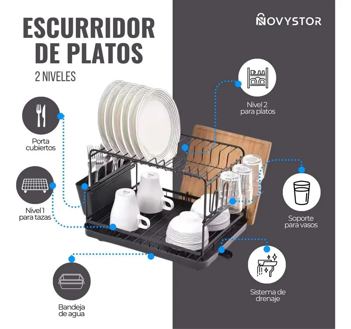 Escurridor De Platos Acero Inoxidable Novystor 2 Niveles Negro — imagen 4
