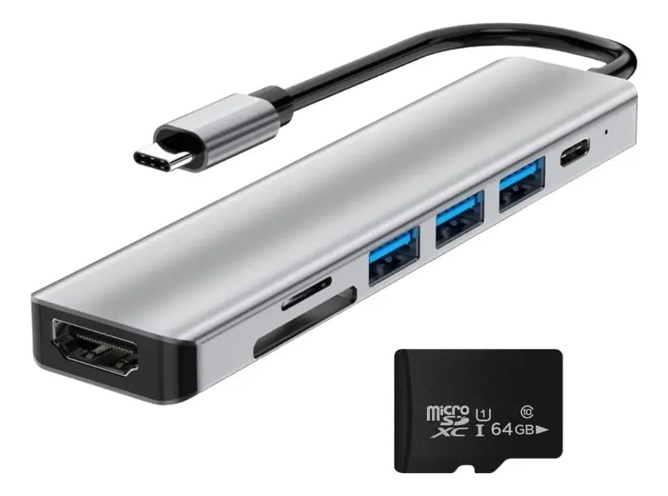 Adaptador 7 En 1 Usb-c Con Hdmi Y Puertos + Micro Sd 64gb Gris — imagen 1