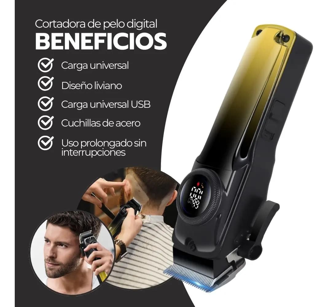 Cortadora De Pelo Digital Pantalla Lcd Recargable Usb Pro Negro — imagen 3