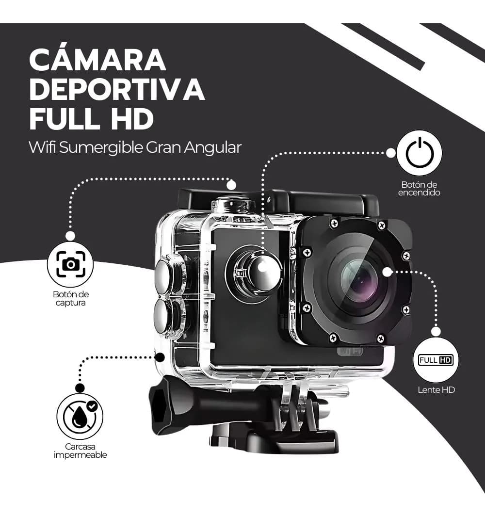 Cámara De Acción Deportiva Full Hd Sumergible Gran Angular Negro — imagen 3