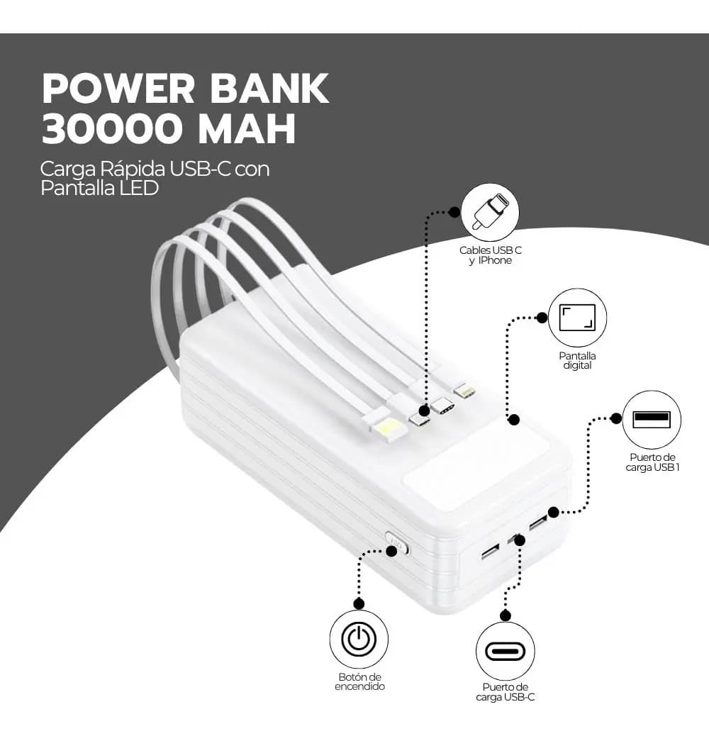 Power Bank 30000mah Carga Rápida Portátil Usb-c Blanco — imagen 3