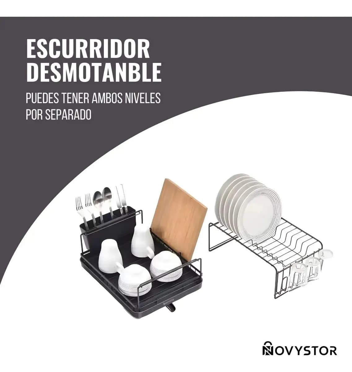 Escurridor De Platos Acero Inoxidable Novystor 2 Niveles Negro — imagen 5