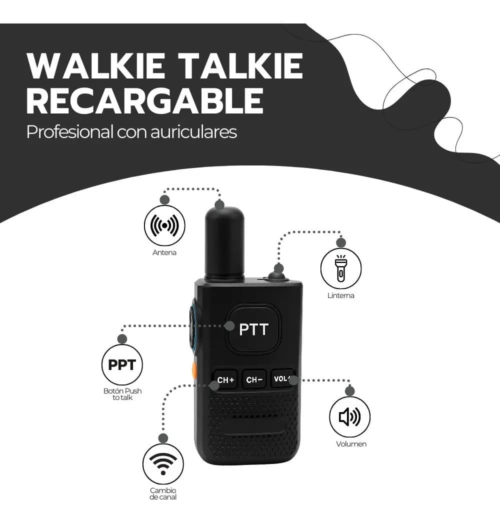Walkie Talkie Profesional Fm Recargable Con Auriculares Negro — imagen 3