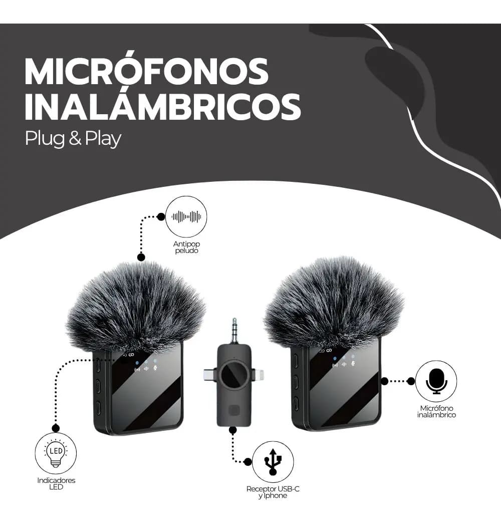 Micrófono Doble Inalámbrico Con Receptor 3 En 1 Universal Negro — imagen 3