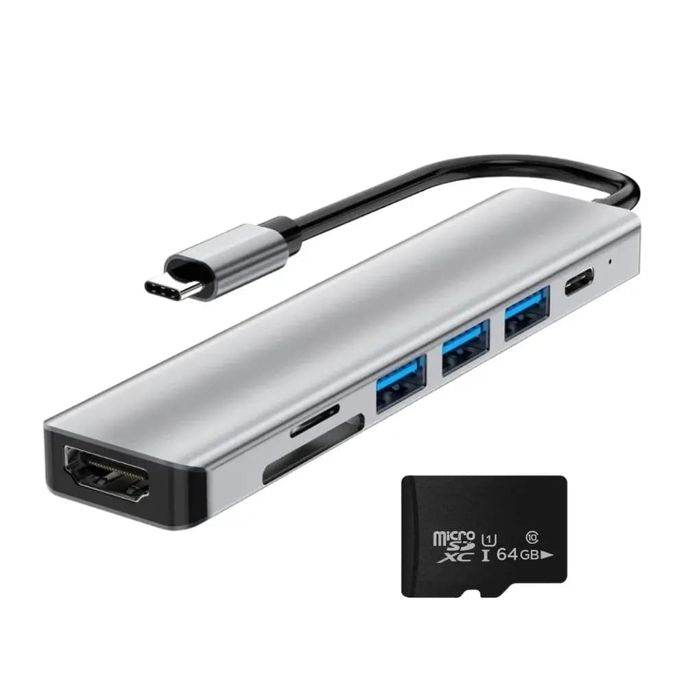 Adaptador Usb-c 7 Puertos Con Hdmi Y Puertos + Micro Sd 64gb Gris