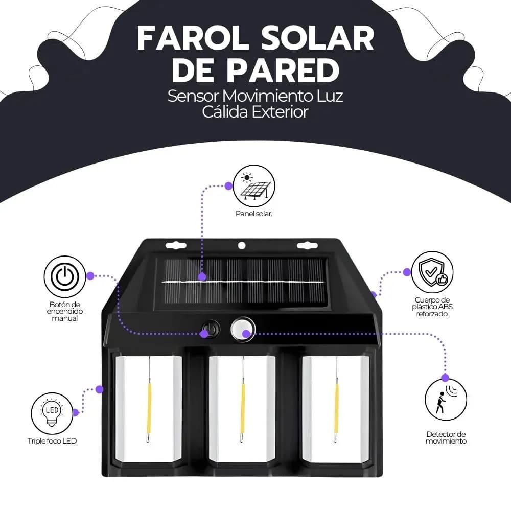 Farol Solar De Pared Sensor Movimiento Luz Cálida Exterior Negro — imagen 3