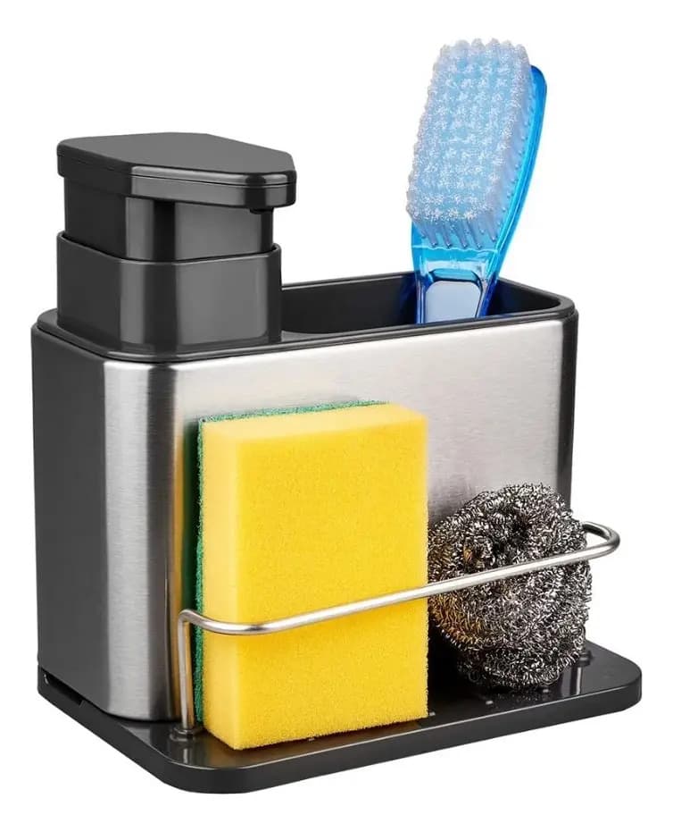 Soporte De Utensilios 3 En 1 Acero Inoxidable + Dispensador Gris