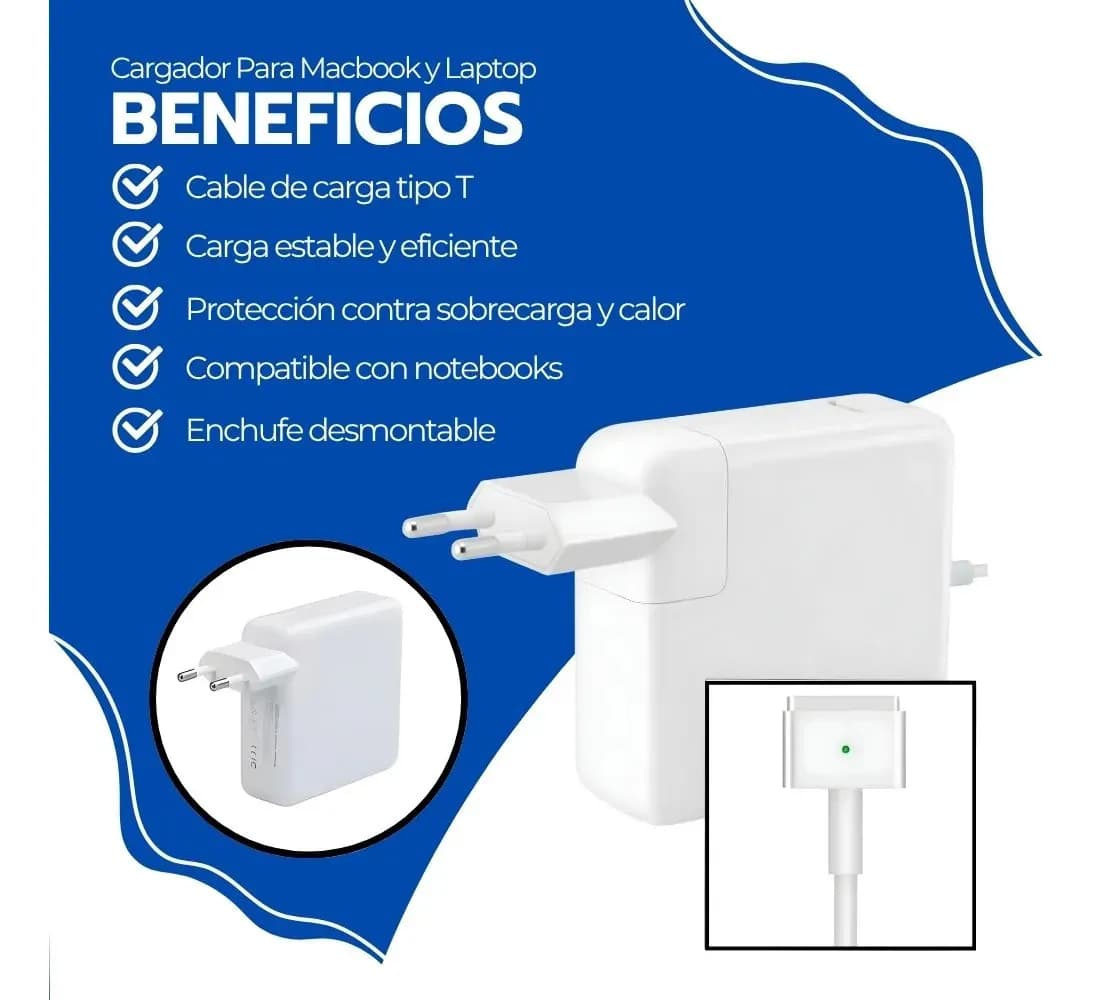 Cargador Macbook Y Laptop 60w Desmontable Conector T Negro — imagen 4