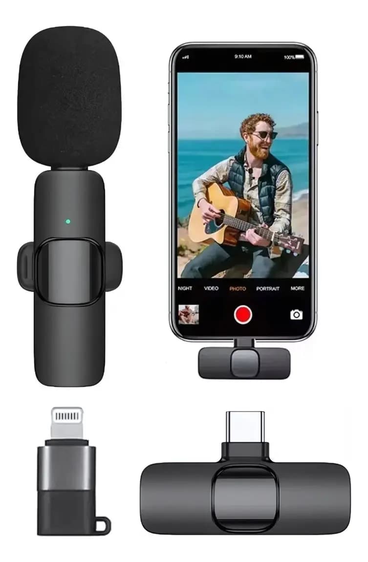Micrófono Inalámbrico Con Adaptador Celular Tipo C Y iPhone Color Negro — imagen 1